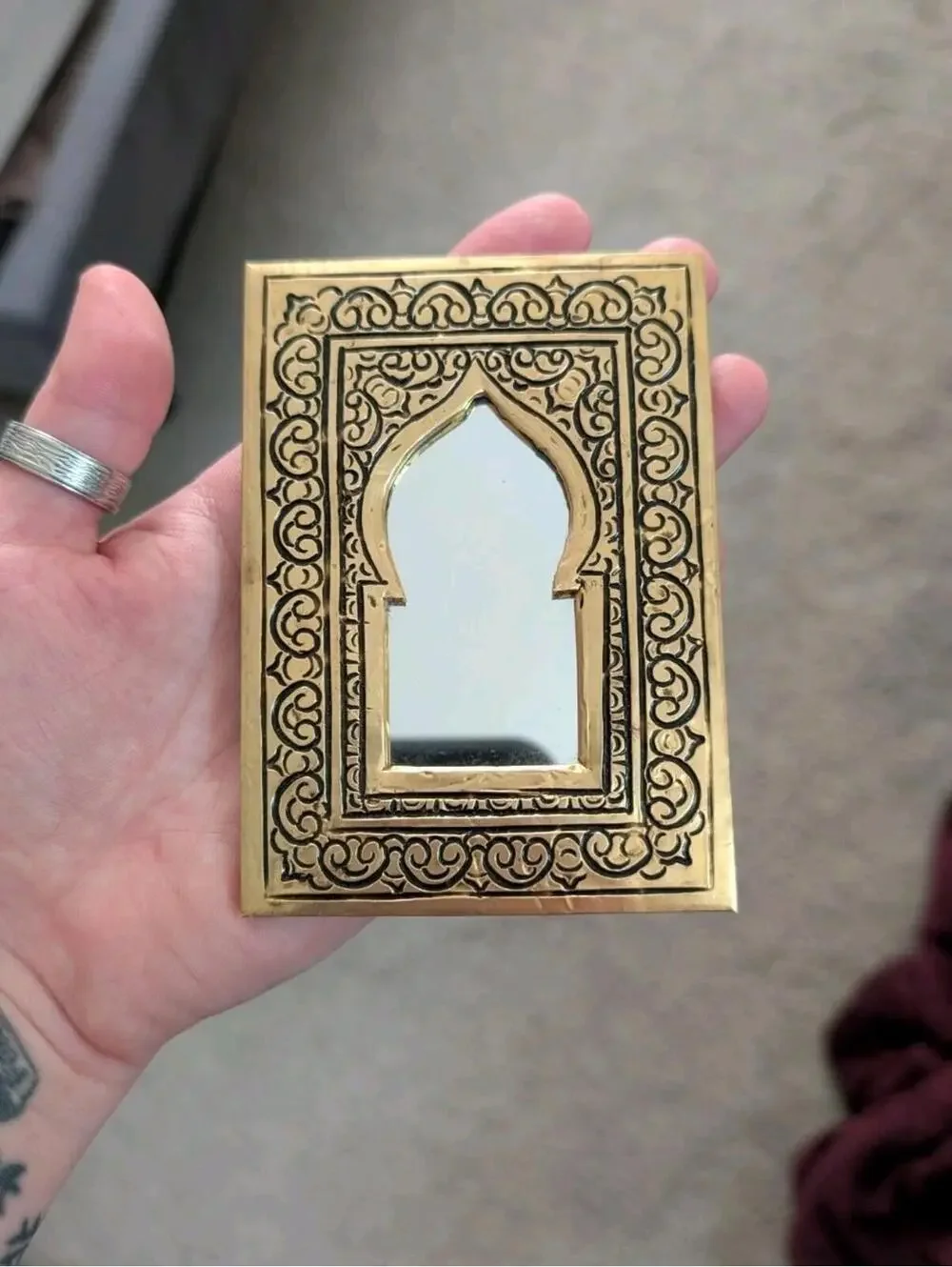 Antique Elegant Moroccan Handmade Brass Gold Hand Wall Mirror Signed